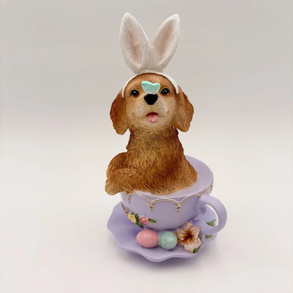 Easter Puppy in Teacup Figurine Bunny Ears Butterfly Lavender Resin Pastel‎